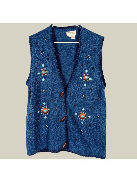 Turquoise Bejeweled Blue Marled Knit Toggle Vest Womens 2X Eclectic Art To Wear - Picture 2 of 10